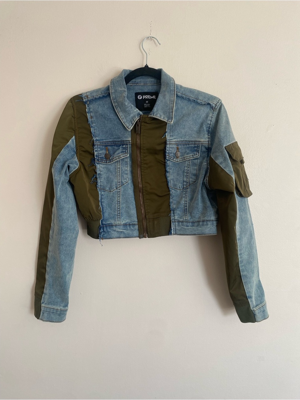 PREME Cropped Two-Tone Denim and Olive Utility Jacket
